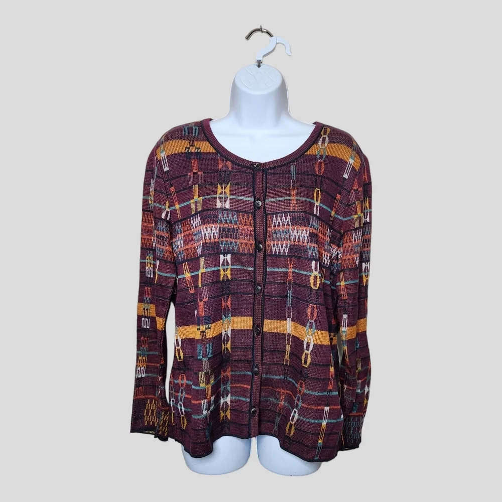 Peruvian Connection Maroon Geometric Print Cardigan - Picture 2 of 7